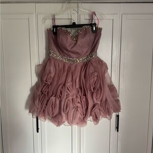 Strapless Blush Pink Rosette Party Dress with Crystal Waist